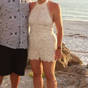 Crochet Lace Halter Romper with High Neck. Lined